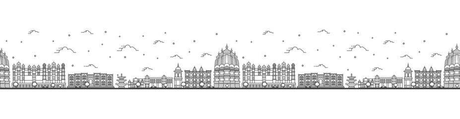 Obraz premium Seamless pattern with outline Udaipur India City Skyline with Historical Buildings Isolated on White. Udaipur Cityscape with Landmarks.