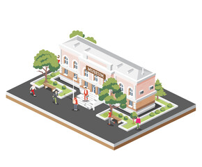 Isometric view of museum building. Beautiful classical building with columns. Trees and people around.