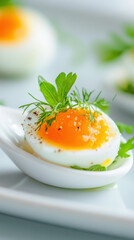 Gourmet soft boiled egg garnished with fresh herbs on a ceramic spoon for a fine dining experience