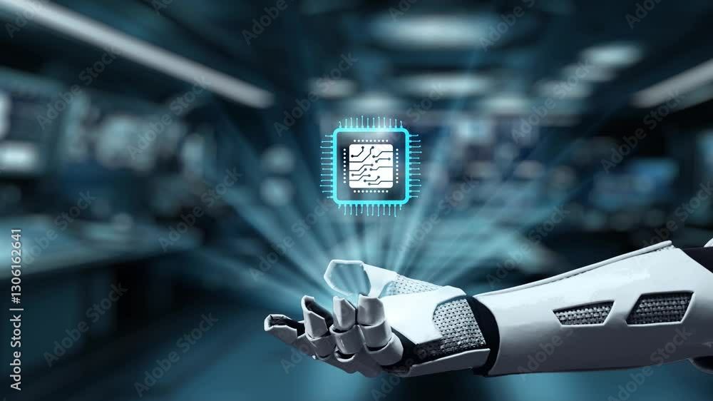 Poster a futuristic robot hand presents a microchip surrounded by digital data visualizations, symbolizing 