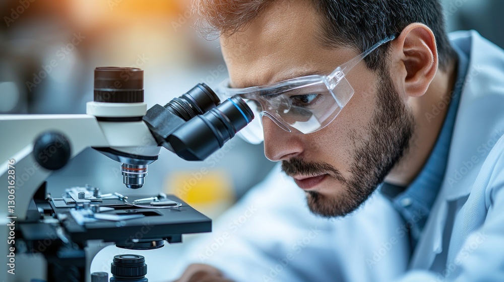 Poster a scientist looking into a microscope in a laboratory setting