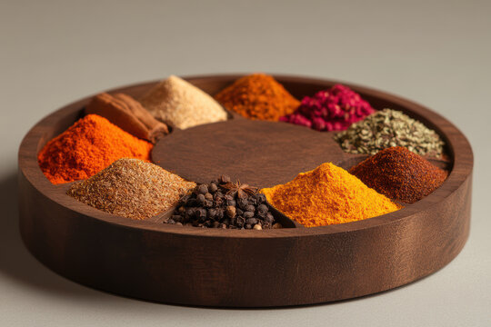Wooden platter featuring an array of vibrant spices and herbs arranged in piles, showcasing culinary diversity and richness