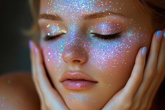 Displayed in a frame, a woman with bright, colorful makeup sets a vibrant and energetic tone. The neon lighting and colorful makeup together enhance the feeling of excitement and enjoyment