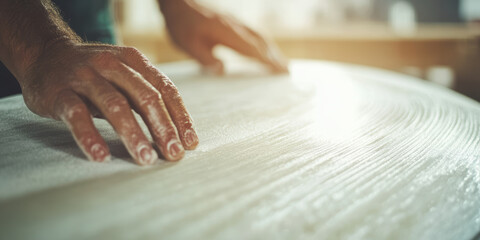Craftsman shaping surfboard with precision and skill, capturing the art of surfboard design and creation in workshop setting
