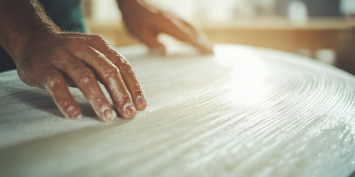 Craftsman shaping surfboard with precision and skill, capturing the art of surfboard design and creation in workshop setting