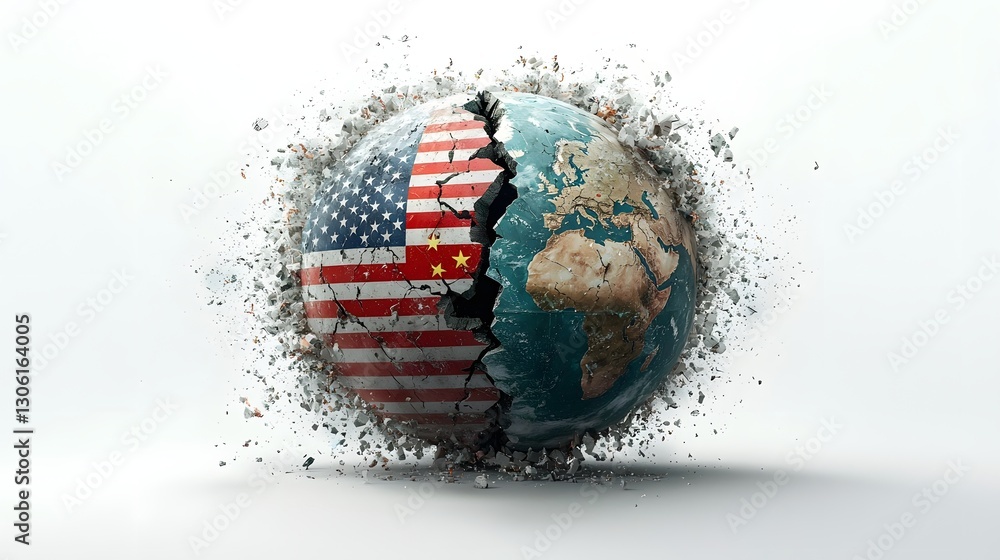 Poster cracked and fractured globe with the u s and chinese flags on opposite halves symbolizing the ongoin