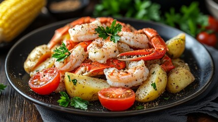 Seafood plate, potatoes, herbs, dinner