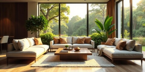 Serene Living Room with Floor to Ceiling Windows Offering Panoramic Views of Lush Greenery and Natural Sunlight