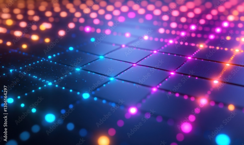 Poster glowing grid with colorful bokeh lights, abstract background for technology or design