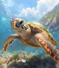 Fototapeta premium In the serene and peaceful scene, a turtle swims in the ocean, with a stunning coral reef in the background, making the turtle the focal point of the image