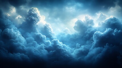 Naklejka premium Dark Blue Storm Clouds Illuminated Dramatic Light. AI Generated