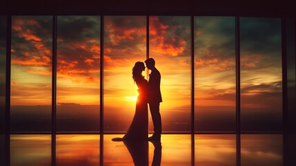 Sunset Silhouette: A Couple's Romantic Embrace Against a Fiery Sky