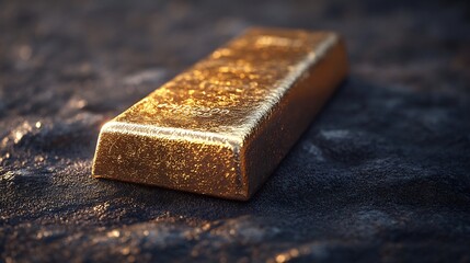 Golden bar rests on dark stone subtly lit by warm sunlight. AI Generated