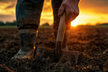 Farmer's hands gripping a shovel, digging into rich soil at sunset, symbolizing hard work and agriculture.