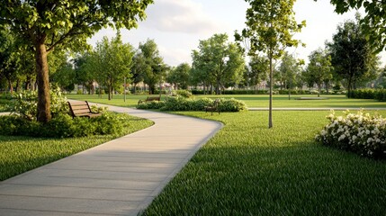 Obraz premium Scenic park pathway surrounded by lush greenery and vibrant trees on a sunny day in a tranquil natural setting