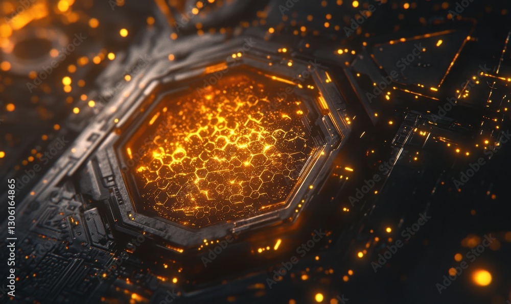 Poster glowing hexagonal core on circuit board, sparks, tech background