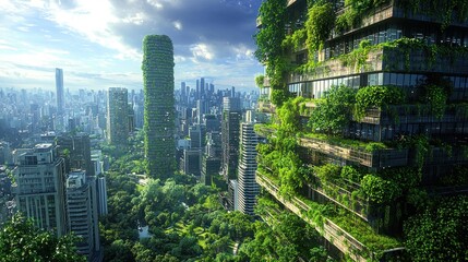 Obraz premium Lush Greenery Covers Modern Buildings Within a Vibrant City