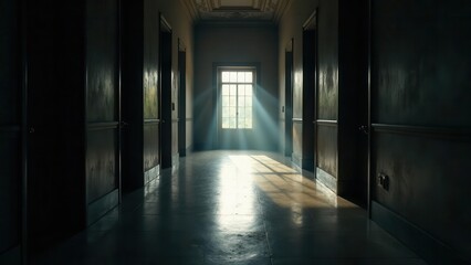 Sunbeams Illuminate a Long, Dark Hallway with Closed Doors and a Window at the End