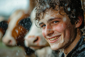 A smiling young man, covered in soapy water, with cows in the background.