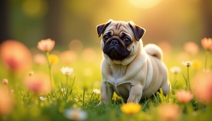 Adorable pug in ethereal flower meadow, bathed in golden sunlight Mystical pet paradise , content, mystical
