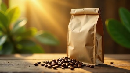 Aromatic Coffee Beans Spilled Beside a Kraft Paper Bag in Warm Sunlight