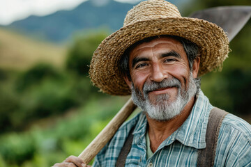 Fototapeta premium Smiling farmer holding a hoe, showcasing a life of hard work and connection to nature.