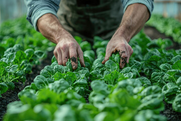 Fototapeta premium Farmer's hands gently tending to rows of vibrant, healthy spinach plants in a lush garden.