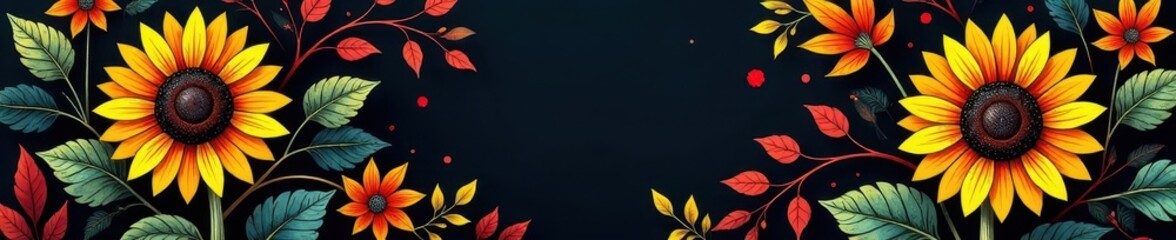 Bold batik sunflowers, stylized leaves, dark background, home decor, print, plant