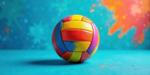 Vibrant multicolored sphere on a teal surface with a blurred colorful background, ideal for playful themes and concepts related to leisure, games, and recreation