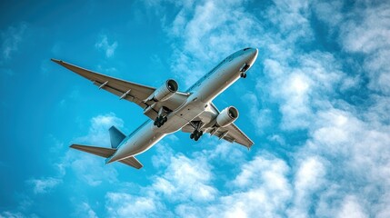 A commercial airplane ascending in the bright blue sky above
