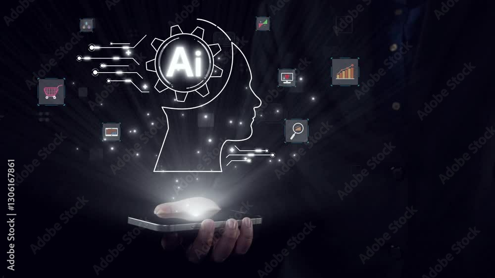 Poster human interact with ai artificial intelligence brain processor in concept of ai artificial intellige