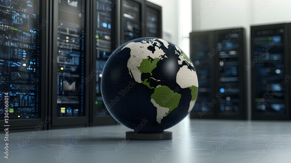 Poster a digital globe sits on a table in front of several server racks, representing global connectivity a