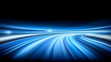 The image contains an abstract representation of a highway or road depicted with streaks of blue and white light, suggesting speed and motion, set against a black background.