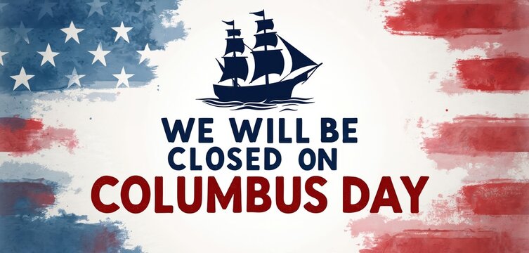 Festive poster, banner. Closed On Columbus Day text with vintage sailing ship on USA flag background. October national holiday celebration banner. Patriotic design element, symbol of exploration