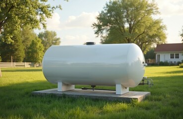 Photo of large horizontal white propane gas tank installed outside on lawn of rural home with grass. Propane is alternative clean energy source for residential heating, cooking.