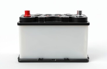 Rectangular car battery with red, silver poles, black cover. White accumulator, auto power supply. Energy storage component. Vehicle part for electric power, auto battery, power system, modern