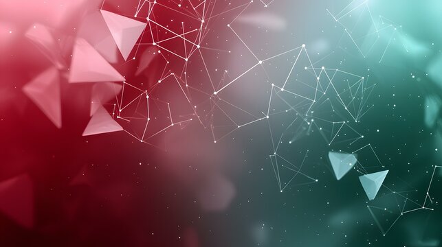 The image contains an abstract representation of a network with interconnected nodes and translucent triangular shapes, set against a blurred gradient background of red and teal.
