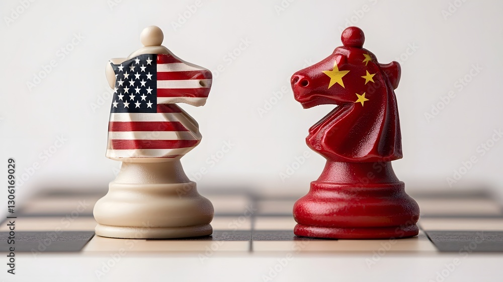 Poster two chess kings one with the u s flag and one with the chinese flag stand in opposition on a white b