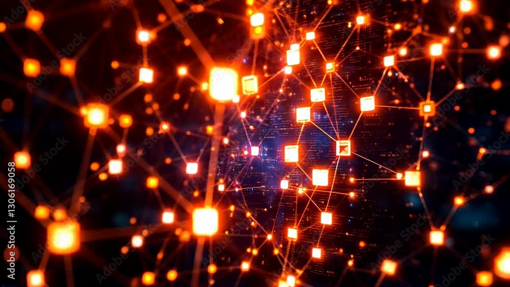 Poster glowing digital matrix sphere with dynamic energy flow in abstract network animation