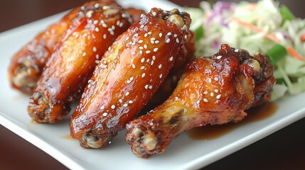 Teriyaki Chicken Wings, Side Salad, Plate