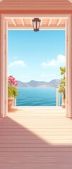 A beautiful coastal scene with a mountain behind and a pink flower in front. The blue and orange sky creates a serene and peaceful atmosphere