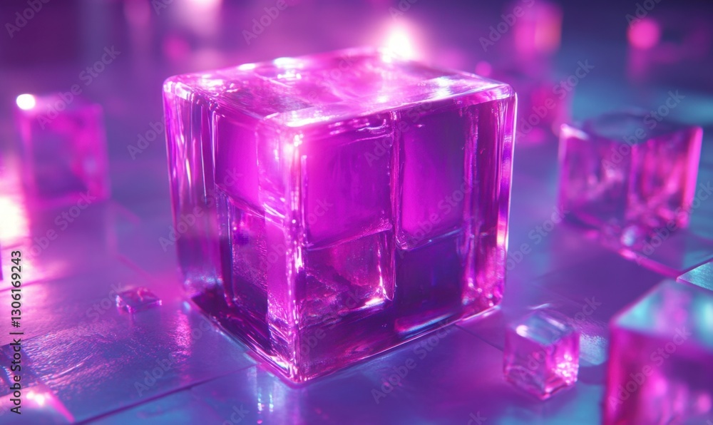 Poster glowing purple cube on reflective surface with smaller cubes in background
