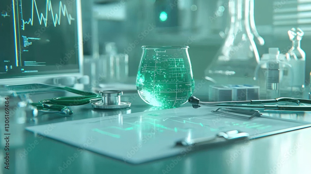 Poster a medical laboratory setup with digital data analysis elements