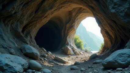 Mysterious Cave Entrance with Two Openings Revealing Serene Mountain Vista