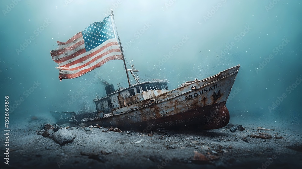 Poster a dramatic visual metaphor depicting a sinking ship divided down the middle with one side painted wi