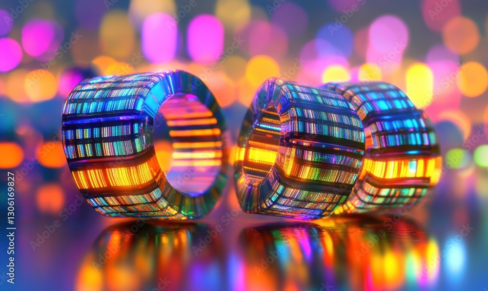 Poster glowing rings on reflective surface with colorful bokeh background