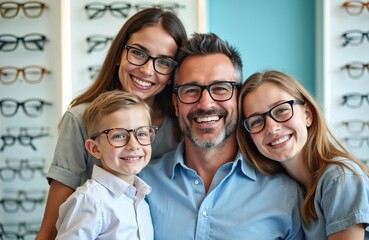 Happy family chooses eyeglasses frames in optical shop. Smiling man, woman, son, daughter wear spectacles near shelf, rack. They are happy with their choice. Eye health care concept.