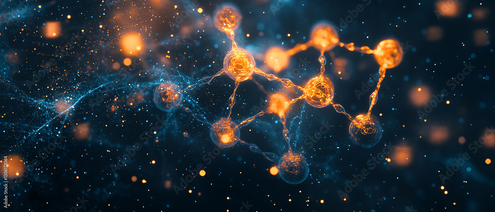 Poster a vibrant representation of interconnected particles in a cosmic setting, showcasing a fusion of sci