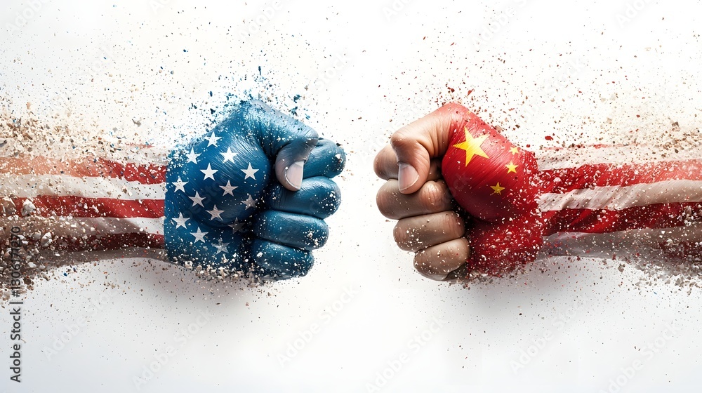 Poster symbolic image of two clenched fists representing the u s and china painted with their respective na
