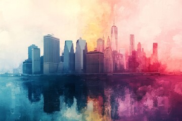 Fototapeta premium The city skyline mirrors in the water, with the illuminated city at night creating a serene and beautiful ambiance